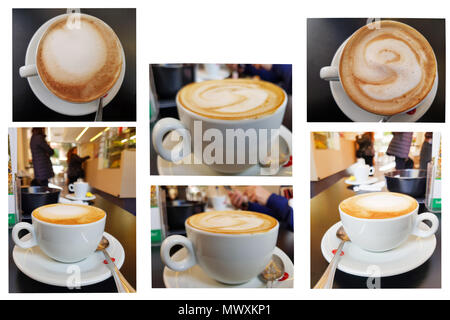 Collection de tasse de lait chaud ou une tasse de cappuccino sur table dans le bar de style de l'Europe. Banque D'Images