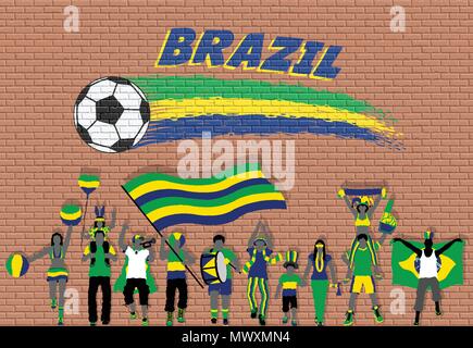 Acclamations des fans de football avec le Brésil couleurs du drapeau en face de ballon de soccer des graffitis. Tous les objets sont dans des couches différentes et les types de texte Illustration de Vecteur