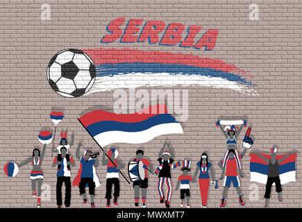 Football fans cheering serbe Serbie avec les couleurs du drapeau en face de ballon de soccer des graffitis. Tous les objets sont dans des couches différentes et le texte types n Illustration de Vecteur