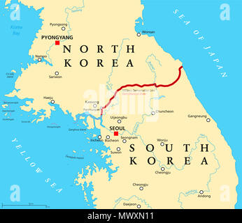 Péninsule de Corée, zone démilitarisée, une carte politique. La Corée du Nord et du Sud avec ligne de démarcation militaire, capitales, des frontières, des villes les plus importantes. Banque D'Images