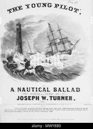 . Le jeune pilote, une ballade nautique, paroles et musique par Joseph W. Turner / lith. d'E.W. Bouvé. Sommaire : 'Sheet music couvrir montrant le phare sur les roches, navire et deux hommes en petit bateau sur les hautes vagues en tempête. Albert Gurney, qui était dans un petit bateau, est mort dans cette tempête.'--catalogue de la Bibliothèque du Congrès. Moyen : 1 gravure : lithographie. Créé/Publié : Boston : publié à la Keith's Music Publishing House, 1846. Organisateur : Bouve, Ephraim W., 1817-1897, lithographe. Référentiel : Library of Congress, Prints and Photographs Division, Washington, D.C. 20540 USA . 1846. E.W. 1846 YoungPilot byEWBouv Bouvé 7 Banque D'Images