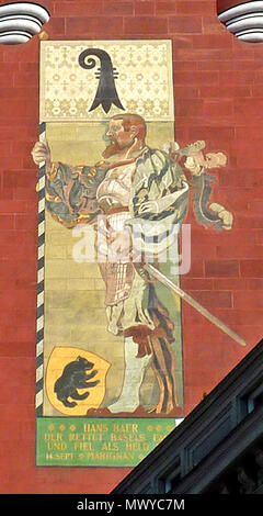 . Anglais : Hans Bär, qui a sauvé la bannière de Bâle et est mort d'un héros dans la bataille de Marignan (1515), ici dans une fresque sur la tour de l'Hôtel de ville de Bâle peint par Wilhelm Balmer en 1901. . Fichier : 2010-09-05 ; illustrations : 1901266 Hans Baer (Wilhelm Balmer) Banque D'Images