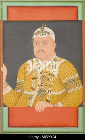 . Anglais : Nasir-ud-dawlah, Nizam de Hyderabad 1794-1857 Gouache sur papier renforcé avec de l'or jaune, portant des robes patterened et élaborer pearl, émeraude et rubis bijoux et un tissu blanc hat, dans le mont Blanc - 25.4 x 16.5cm . 19e siècle. 439 Inconnu Nasir-ud-dawlah Nizam de Hyderabad, 1794-1857 Banque D'Images