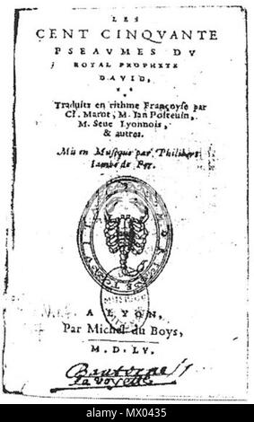. English : Page de titre des 150 psaumes mis en musique par Philibert Jambe de Fer (Lyon, 1555). 24 août 2015. Lyon : Michel Du Boys, 1555. 307 Jambe de Fer 1555 Banque D'Images