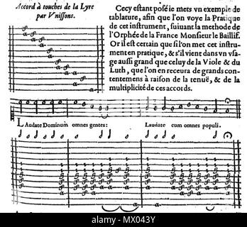 . English : Motet de Henry le Bailly en tablature de lyre (Paris, 1636). 24 août 2015. Henry Le Bailly, chanteur. 362 Le Bailly Lyre Banque D'Images
