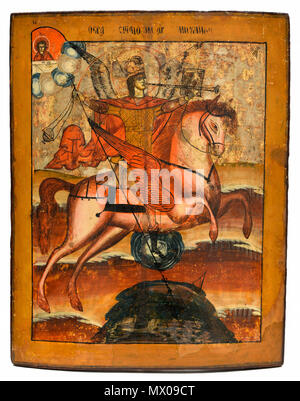 . Saint Georges de Lydda terrassant le dragon, Saint Michel Archange (noter les ailes !) icône russe polychrome sur panneau, 42x32 cm (fente) . XVII-XVIII c ( ?). Peintre d'icônes russe anonyme (avant 1917) Domaine Public image (selon PD-RusEmpire) 538 Saint Michael horseman (Russie, priv.coll) Banque D'Images