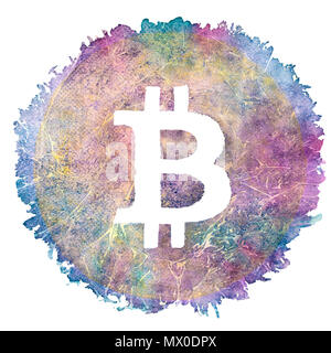 Bitcoin blanc symbole sur fond cercle coloré, l'aquarelle à la main. Banque D'Images