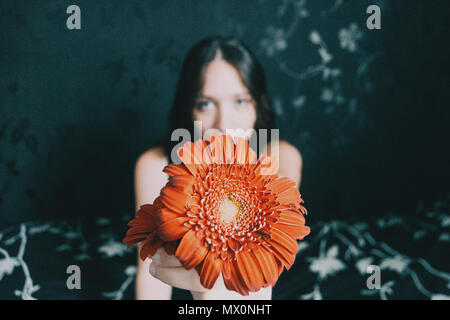 Une jeune fille donnant un gerbera flower Banque D'Images