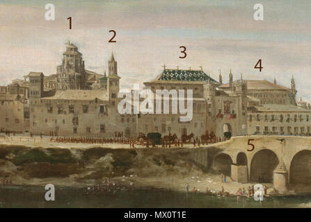 . Español : Detalle vista de Zaragoza (Óleo de Juan Bautista Martinez del Mazo) 1:Cimborrio de la Seo 2:Torre 3:Mudéjar Palacio de la Diputación del Reino 4:Lonja 5:Puente de piedra . circa 1647. Juan Bautista Martinez del Mazo, detalle y modificación por Escarlati 161 Detalle vista de Zaragoza (JB del Mazo)-num Banque D'Images