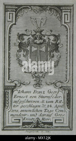 . Deutsch : Wappen des Franz Georg Ernst von Sturmfeder (1727-1793)-palatinat bayerischer Kämmerer und St. Georgs-Ritter . 29 novembre 2012, 10:16:21. Franz Xaver Jungwirth, (1720-1790) 580 Stecher Sturmfeder Wappen Banque D'Images