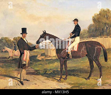 . Anglais : 1852 gagnant du derby d'Epsom Daniel O'Rourke, avec John Bowes et jockey Frank Butler. Peinture de Harry Hall (1814-1882) . 16 août 2011. Harry Hall (1814-1882) 152 Daniel O'Rourke 1 Banque D'Images