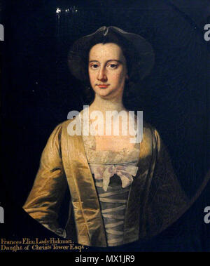 . Anglais : Portrait de Frances Elizabeth, Dame Hickman, demi-longueur, le port d'un noeud de satin et de couleur chamois robe sans col et hat - avec inscription, dans un ovale peint . Entre 1700 et environ vers 1750. Cercle de Henry Pickering 215, Lady Elizabeth Frances Hickman Banque D'Images