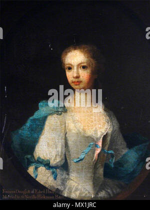 . Anglais : Portrait de Lady Frances Hickman, demi-longueur, vêtu d'un gris, garni de dentelle robe et un châle bleu - avec inscription, en ovale peint. vers 1720. Disciple de Peter Verelst 215 Frances Hickman Banque D'Images