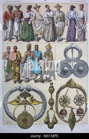 . Anglais : une série de lithographies couleur français édité par A. Guerinet, 1888, avec des descriptions d'accompagnement : un aperçu des costumes indiens, à travers les siècles, la plaque 88* costume indien, la plaque 89* costume indien, plaque de 90* costume indien, la plaque 91* (voir également ci-dessus) 'Costumes de l'Sinhgalese »* plaque 92 armes traditionnelles indiennes, la plaque 93* 94 articles de poterie, des tôles métalliques* de l'Inde, de la plaque 95* Exemples de travail du métal, plaque 96* Meubles et objets d'Inde, de la plaque 97* . 1888. A. Guerinet 121 Ceylan092 Banque D'Images