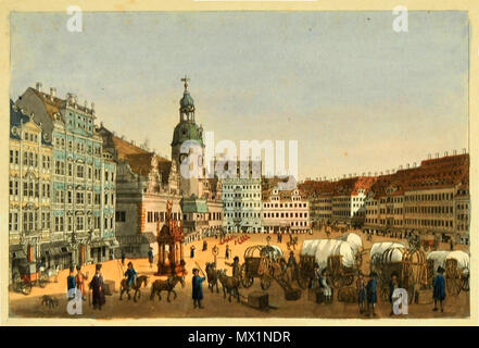 . Deutsch : Leipzig : Der Markt aus der Catharinenssgtrasse Aquarellierter Kupferstich 15,5 x 21 cm (Plattenrand) aus : Schwarz, Karl Benjamin : Romantische Gemählde von Leipzig. Eine Folge von vier und gezeichnet und zwanzig Prospecten gestochen von Karl Benjamin Schwarz. Leipzig : Karl Tauchnitz, 1804 S. 56  + 23  + 1 aquarellierte Kupfertafeln nicht kolorierter Stich. Carl Benjamin Schwarz :, Vedutenstecher Radierer Farbstecher, Zeichner, und Aquarellist (*1757 Leipzig, † 21.10.1813 ebenda). Schüler Oesers Winklerschen ; Kustos an der Kunstsammlung (THIEME BECKER-Bd. 30, S. 365). 1804, FOTO 3. Novem Banque D'Images