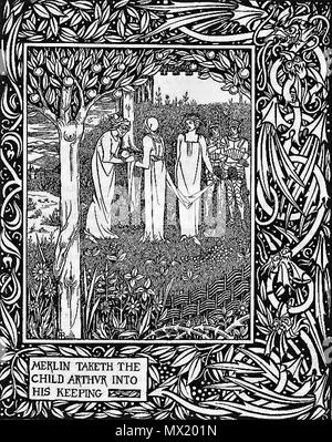 . Anglais : illustration d'Aubrey Beardsley (1872-1898) de Thomas Malory's Le morte d'Arthur (Livre I - Chapitre III) publié par J. M. Dent en 1893. La gravure sur bois japonaise reflète l'appelle l'ukiyo-e. 1893. Aubrey Vincent Beardsley (1872 - 1898) pour le morte d'Arthur Editeur : J. M. Dent et Compagnie Année : 1893 413 Merlin prit l'enfant dans ses dossiers d'Arthur Banque D'Images