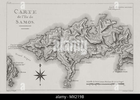 . Anglais : Marie-Gabriel-Florent-Auguste Comte de Choiseul-Gouffier. Voyage pittoresque de la Grèce. Paris, J.-J. Blaise M.DCCC.IX (1782, tome 1er, 1809 volume 2, 1822 volume 3, 1842 2e édition) . 1782. Marie-Gabriel-Florent-Auguste 116 Comte de Choiseul-Gouffier Carte de l'ile de Samos - Choiseul-gouffier Gabriel Florent Auguste De - 1782 Banque D'Images