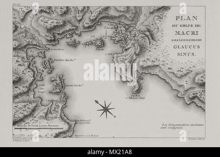 . Anglais : Marie-Gabriel-Florent-Auguste Comte de Choiseul-Gouffier. Voyage pittoresque de la Grèce. Paris, J.-J. Blaise M.DCCC.IX (1782, tome 1er, 1809 volume 2, 1822 volume 3, 1842 2e édition) . 1782. Marie-Gabriel-Florent-Auguste 487 Comte de Choiseul-Gouffier Plan du golfe de Macri anciennement Glaucus - Sinus Choiseul-gouffier Gabriel Florent Auguste De - 1782 Banque D'Images