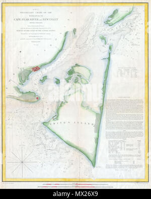 . (D N°3) Tableau Préliminaire de l'entrée de Cape Fear River et New Inlet en Caroline du Nord. Anglais : rare colorié à la main 1853 Tableau de costal côte de Caroline du Nord près de Smith's Island et Cape Fear. Détails de l'entrée de la rivière Cape Fear et nouveau Inlet. Inclut des instructions de course, les références au phare, les sondages de profondeur, et des notes sur le Fort Caswell et Smithville. Publié sous la direction de A. D. Bache pour le rapport 1853 du surintendant de la côte américaine de l'enquête. . 1853 81853 U.S.C.S. Plan de Cape Fear, North Carolina - Geographicus - CapeFearRiver-CU-185 Banque D'Images