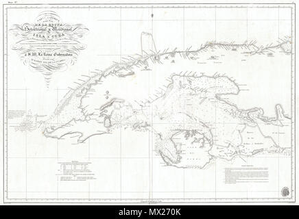 . Carta Esferica de una parte de la Costa Setentrional y Meridional de la Isla de Cuba … 1834. Anglais : c'est une dramatique et particulièrement rares 1854 carte nautique ou carte de la partie occidentale de Cuba par les mapping agency, Direccion Hidrográfica . Couvre l'ouest de l'Inde à partir de l'île Cape San Antonio vers l'Est jusqu'au golfe de Cazones. Comprend l'Isla de Pinos et la ville de La Havane. Le graphique vous propose de nombreux sondages de profondeur ainsi que des notes sur la construction du graphique et de la navigation. Offre quelques détails à l'intérieur des terres, l'identification d'un certain nombre de montagnes importantes ainsi que les villages Banque D'Images