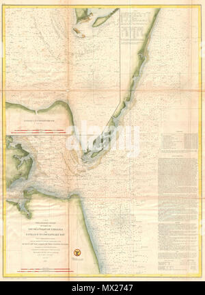 . (C) n° 2 Tableau Préliminaire de la partie de la côte de la Virginie et l'entrée de la baie de Chesapeake. Anglais : Une rare carte nautique ou la carte de l'entrée de la baie de Chesapeake, publié en 1855 par la U.S. Coast Survey. Cette carte couvre de Norfolk, Virginie à Gargathy Inlet. Les fonctions graphiques d'innombrables sondages de profondeur ainsi que les instructions de course et des notes sur les courants dans le quadrant inférieur droit. Le quart supérieur gauche est dominé par un grand encart portant sur l'entrée de la Chesapeake Bay entre Smith Island et Cape Henry. La triangulation pour ce graphique a été com Banque D'Images