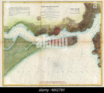 . Mare Island Straits en Californie. Anglais : c'est une rare 1857 U.S. Coast Survey organigramme de la Mare Island Straits. Ces détroits près de San Francisco sur la côte Ouest des années navales sur l'île de mare de la ville de Vallejo. Le détroit, qui sont l'embouchure de la rivière Napa sont aujourd'hui populaire pour la navigation de plaisance et des sports nautiques. Note aussi le détroit de Carquinez. Les sondages de profondeur partout. Offre un excellent détail l'intérieur des terres, d'immeubles particuliers, surtout en Vallejo et la Cour maritime. La triangulation pour ce graphique a été réalisé par R. D. Cutts. La topographie est la Banque D'Images