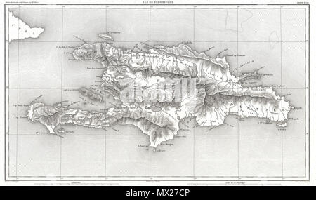 . Ile de Saint Domingue. Anglais : une belle carte gravée de l'Antilles île d'Haïti ou Saint-domingue par le cartographe français Août Henri Dufour. Couvre toute l'île en détail topographique en grève. Identifie les villages, villes, rivières, lacs, montagnes, et divers hauts-fonds sous-marins et récifs. Mont noms Cibao, dans la partie centrale de l'île, où Colomb célèbre n'a pas réussi à trouver de riches mines d'or. Aujourd'hui, cette île est divisée entre la République dominicaine et Haïti. Dessiné par A. H. Dufour et gravé par Charles Dyonnet pour cause comme la carte no 22 dans M. A. Thiers' Histoire de Banque D'Images