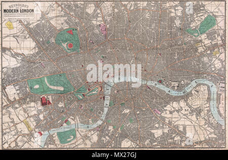 . Le site de Reynolds Londres moderne divisé en sections Quarter-Mile pour mesurer les distances. Anglais : un superbe exemple de James Reynolds' 1662 Carte de poche de Londres, en Angleterre. Couvre le centre de Londres de Notting Hill à l'île de chiens et de Kentish Town à Battersea Park. Plus de détails toutes les rues, des parcs, de la gare, pont, monument, jetée, et siège du gouvernement. Les destinations touristiques comme les jardins botaniques, le Zoo, le palais de Buckingham, la Tour de Londres et le British Museum sont surlignés en rouge. En plus des rues et bâtiments, Reynolds' aussi en détails un pr Banque D'Images