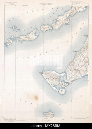 . Le Massachusetts Gay Head Feuille. Anglais : l'un des plus recherchés après les cartes topographiques produites par le U.S. Geological Survey. L'édition 1898 de l'U.S.G.S. Carte d'enquête de Gay Head, Marthas Vineyard couvre la partie occidentale de l'île y compris la tête et Gay Chilmark. Couvre également les régions de Bay et de la Buzzard Elizabeth Îles de Cuttyhunk, Nashawena, Pasque, Naushon et. Identifie les caractéristiques topographiques comme Squibnocket Beach, Prospect Hill, les falaises Nashaquitsa, mur de pierre, atteint un sommet, le Tiasquam Hill River, et d'autres. Note les différentes routes qui traversent la région. Les noms Banque D'Images