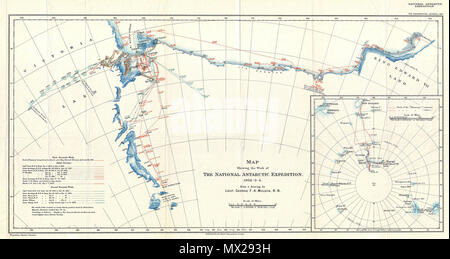 . Carte montrant les travaux de l'expédition en Antarctique. 1902 - 3 - 4. Anglais : Ce site inhabituel de détails les explorations de la British National expédition en Antarctique. La British National Antarctic Expedition, également connu sous le nom de l'expédition Discovery, (1901 - 1904) a été le premier officiel britannique, Exploration de l'Antarctique depuis les explorations de Ross dans le milieu du 19ème siècle. Organisée conjointement par la Royal Society et la Royal Geographical Society, l'expédition a été conçu pour recueillir des données scientifiques et des données géographiques concernant le territoire largement inexploré. Envisager Banque D'Images