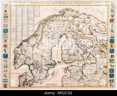 . Anglais : une carte de la Scandinavie à partir de ca. 1720. English : Nouvelle carte de Scandinavie, ou des Etats du Nord dressée sur les observations les plus nouvelles des meilleurs geographes avec les armes des provinces de la Suède et des tableaux tres instructives. H. A. Chatelain, ca 1720. De couleur. 51 x 60 cm. vers 1720. H.A. Chatelain 450 Nouvelle carte de Scandinavie Banque D'Images