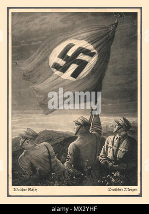 Années 1930 Nazi Swastika drapeau Allemagne propagande carte postale 1933. "Matin allemand" trois sa-men en uniforme avec des brassards Swastika tenant un grand drapeau Swastika volant au-dessus d'un lever de soleil de paysage allemand Banque D'Images