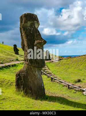 Moai abandonné inachevé et chefs, carrière de Rano Raraku, île de Pâques, Rapa Nui, Chili Banque D'Images