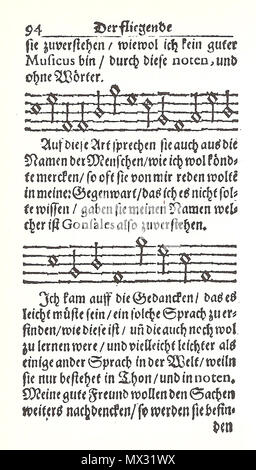 . Anglais : une page de la traduction allemande de Francis Godwin est l'homme dans l'Moone, montrant la transcription de la langue lunaire. 4 juin 2013, 12:37:09. Francis Godwin/Jérôme Imhof 211 Fliegende wandersmann music Banque D'Images