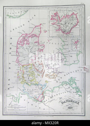 . Danemark 1833. Anglais : c'est une belle main 1833 Carte en couleur du Danemark (Danemark). Comprend une belle image incrustée d'Islande et un plus petit encadré des îles Féroé. Tout le texte est en français. . 18337 1833 Malte-Brun Carte du Danemark Îles Féroé Islande ( ^ ) - Geographicus - Danemark-mo-1837 Banque D'Images
