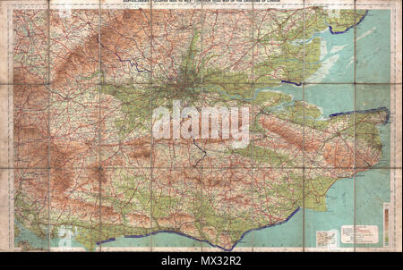 . Bartholomew's 'Pouce quart de mile' Coutour Carte routière de la commune de Londres. Anglais : c'est une rare c. 1928 Plan de Londres, Angleterre, et ses environs. Couvre l'Est de Portsmouth jusqu'à Ramsgate et vers le nord jusqu'à Oxford et de Colchester. Comprend Londres avec de rues et de chemins de base indiqué comprend les routes pour route, pistes cyclables, et des trains. Préparé par John Bartholomew en conjonction avec l'ordonnance et de l'enquête publié par Edward Stanford. Conçu avec le voyageur à l'esprit et donc traversé et soutenu avec des draps pour faciliter le pliage. . 1928 (sans date) 13 1928 Carte de l'Envi Banque D'Images