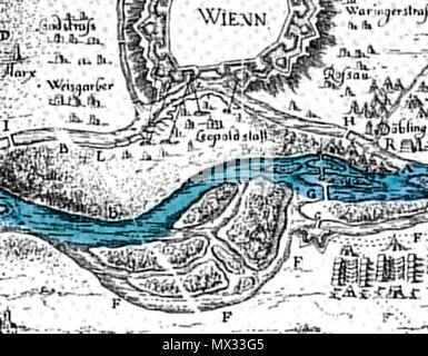 . Deutsch : Heereslager des Herzogs Karl V. von Lothringen vor Wien, 1683. English : Army Camp de Charles, duc de Lorraine (Herzog von Lothringen), près de Vienne, 1683 Magyar : Lotaringiai Károly tábora Bécs mellett, 1683. Date inconnue. Après Leander Anguissola 1420180112225221 !Heereslager Fahnenstangenwasser Herzog von Lothringen 1683 blau Banque D'Images