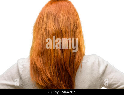 Belle jeune femme rousse, arrière vue arrière isolé sur fond blanc Banque D'Images