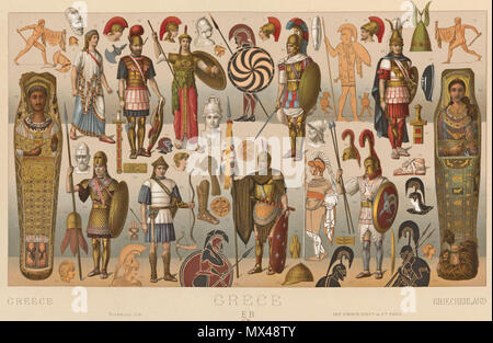 . Anglais : une lithographie montrant la plaque de guerriers de la Grèce antique dans une variété de différents costumes. Par Racinet qui vivait 1825-1893. 1888. Racinet, Albert (1825-1893) 44 Le grec ancien Armor Banque D'Images