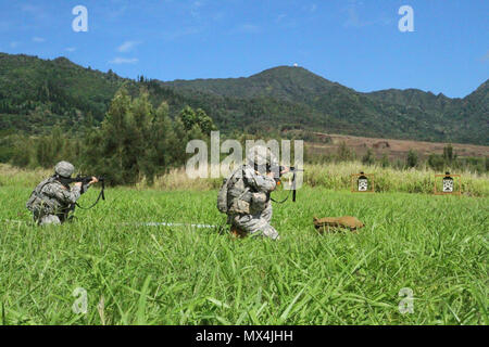 Deux soldats de la santé régionale de l'Command-Pacific (RHC-P) la concurrence dans l'analyse du stress de la compétition meilleur guerrier qui a eu lieu au 5 mai à divers endroits autour de l'île d'Oahu, Hawaii. Banque D'Images