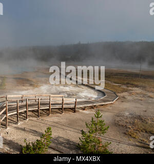 Rails en bois au moyen d'une allée de la vallée des geysers et sources chaudes couverts dans un brouillard épais et de la vapeur. Banque D'Images