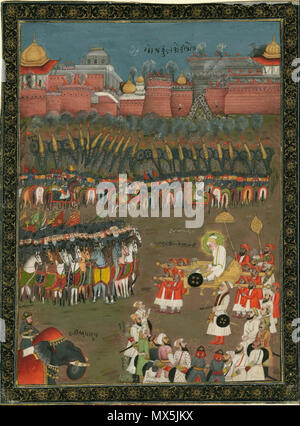 . Anglais : empereur Aurangzeb sur litière avec un accompagnateur, de la supervision et de l'artillerie cavalerie indigène attaque sur paroi et ville fortifiée Golconda (Hyderabad, Inde) en arrière-plan en 1687. Anglais : Cette gouache peinture a été créé par un artiste inconnu à un moment donné dans le milieu à la fin du xviiie siècle, mais il illustre un événement antérieur : le siège de la ville de Golconde dans le centre-sud de l'Inde par le dernier grand empereur moghol Aurangzeb (qui régna de 1658-1707). Golconde est célèbre pour son fort, ses palais, les usines, et ingénieux système d'approvisionnement en eau, ainsi que la légendaire richesse de la diamond min Banque D'Images