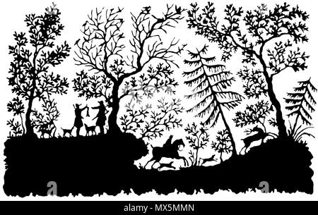 . Anglais : Papercutting par Bettina von Arnim, intitulé "Jagdszene" (en allemand pour "scène de chasse") Deutsch : Scherenschnitt mit dem Titel "Jagdszene" von Bettina von Arnim . 18 août 2011. Bettina von Arnim (* 1785-04-04, † 1859-01-20) 83 - Bettina von Arnim Scherenschnitt TRANSPARENT NETTOYÉ Banque D'Images