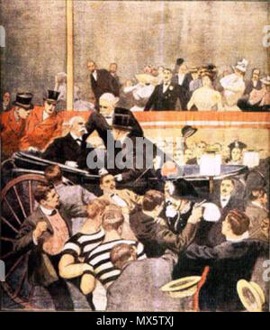 . Gaetano Bresci assassina Humbert Ier d'Italie . 1900. Achille Beltrame (1871-1945) peintre et illustrateur italien Description qui a travaillé principalement pour La Domenica del Corriere, magazine hebdomadaire de Corriere della Sera Date de naissance/Décès Mer 18 Mars 1871 19 février 1945 Lieu de naissance/décès Arzignano Milan Milan lieu de travail contrôle d'autorité : Q3604346 : 37753592 VIAF ULAN : 500161883 RCAC : nr97006111 GND : 120672138 145823342 98 WorldCat SUDOC : assassinat de Bresci Banque D'Images