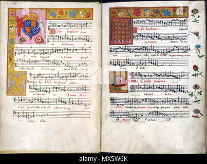 . English : 'Motet Celeste beneficium' par Jean Mouton, Royal 8 G.vii, ff. 2V-3 avec un superbe livre de choeur faite pour le Roi Henry VIII d'Angleterre 1509-1547). 12 novembre 2011. Scribe et enlumineur médiéval 99 Royal British Library 8 G vii Banque D'Images