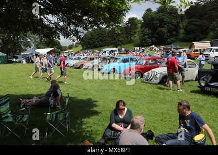 With Stonor, Oxfordshire, UK. 3e juin 2018. Tous les types de voitures et camionnettes Volkswagen historique ont été présentés à la réunion de cette année de leurs propriétaires. Les fans pouvaient s'approcher du bien-aimé véhicules du constructeur automobile allemand, qui a créé sa réputation de durabilité et d'appel hippie dans les années 60. Credit : Uwe Deffner/Alamy Live News Banque D'Images