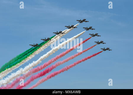 Scarperia, Italie. 3e juin 2018. L'équipe de démonstration de la force aérienne italienne (frecce tricolore) exposition avant la course MotoGP Gran Premio MotoGP lors d'Italia-Oakley à Mugello Circuit. le Juin 03, 2018 à Scarperia en Italie. (Photo par Marco Iorio) Crédit : marco iorio/Alamy Live News Banque D'Images