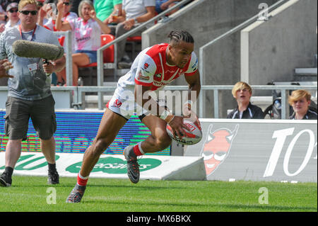 St Helens, Royaume-Uni. 3e juin 2018. Dimanche 3 Juin 2018 , TOTALEMENT méchants, stade St Helens, Angleterre ; Ladbrokes Challenge Cup, remporteront St Helens v Hull FC ; Regan grâce de St Helens scores dans le coin Crédit : News Images /Alamy Live News Banque D'Images