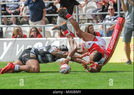 St Helens, Royaume-Uni. 3e juin 2018. Dimanche 3 Juin 2018 , TOTALEMENT méchants, stade St Helens, Angleterre ; Ladbrokes Challenge Cup, remporteront St Helens v Hull FC ; Regan grâce de St Helens scores dans le coin Crédit : News Images /Alamy Live News Banque D'Images