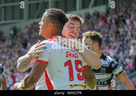 St Helens, Royaume-Uni. 3e juin 2018. Dimanche 3 Juin 2018 , TOTALEMENT méchants, stade St Helens, Angleterre ; Ladbrokes Challenge Cup, remporteront St Helens v Hull FC ; Regan grâce de St Helens célèbre son crédit d'essayer : Nouvelles Images /Alamy Live News Banque D'Images